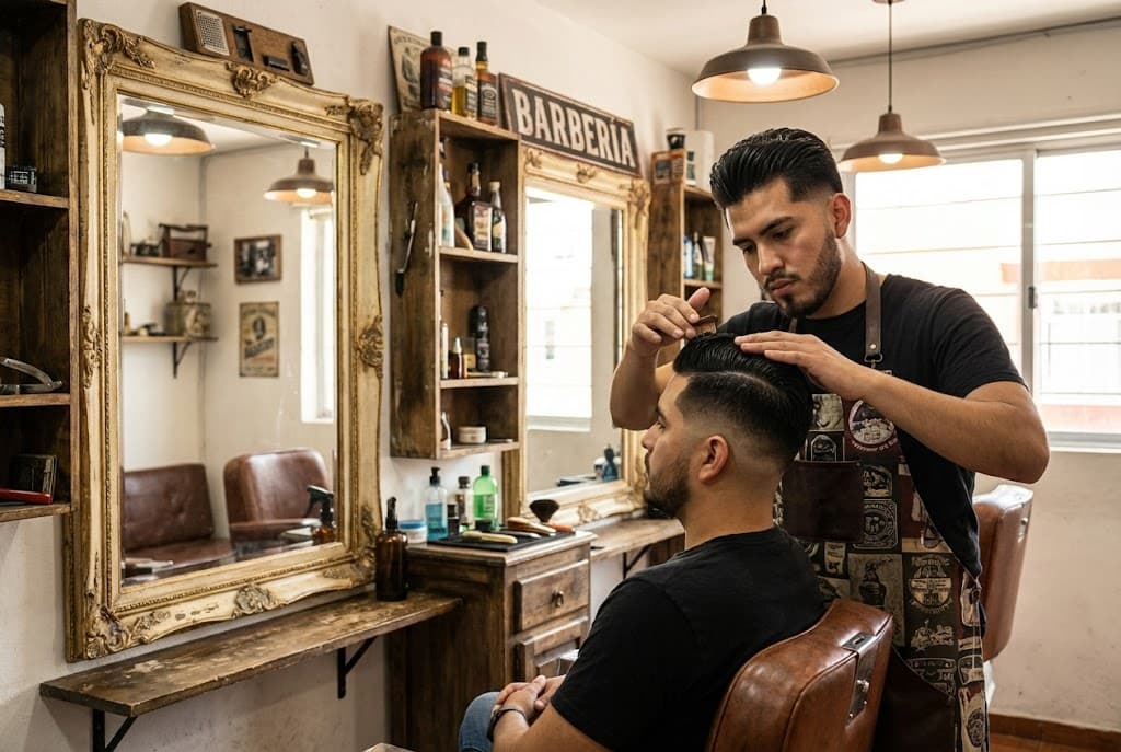 Barbero mexicano realizando corte de cabello masculino en barbería tradicional
