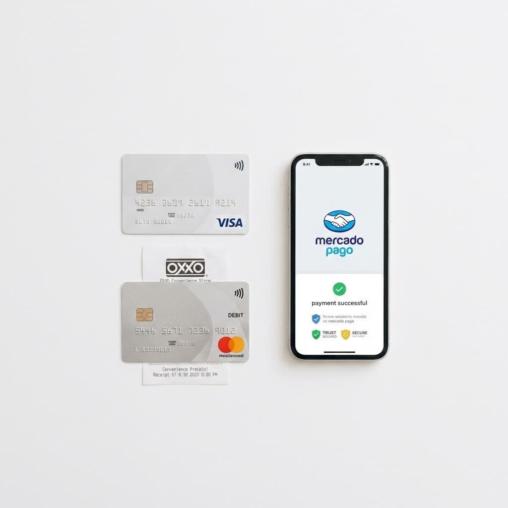 Métodos de pago aceptados — Visa, Mastercard, OXXO Pay y Mercado Pago con confirmación de pago exitoso