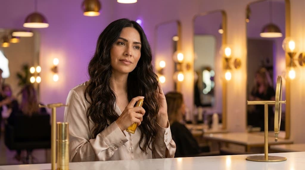Mujer mexicana aplicando producto capilar profesional en salón de belleza elegante