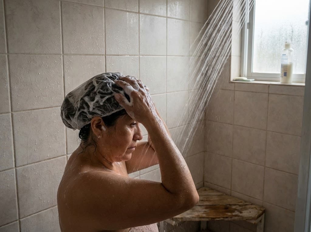 Mujer lavando su cabello con champú profesional