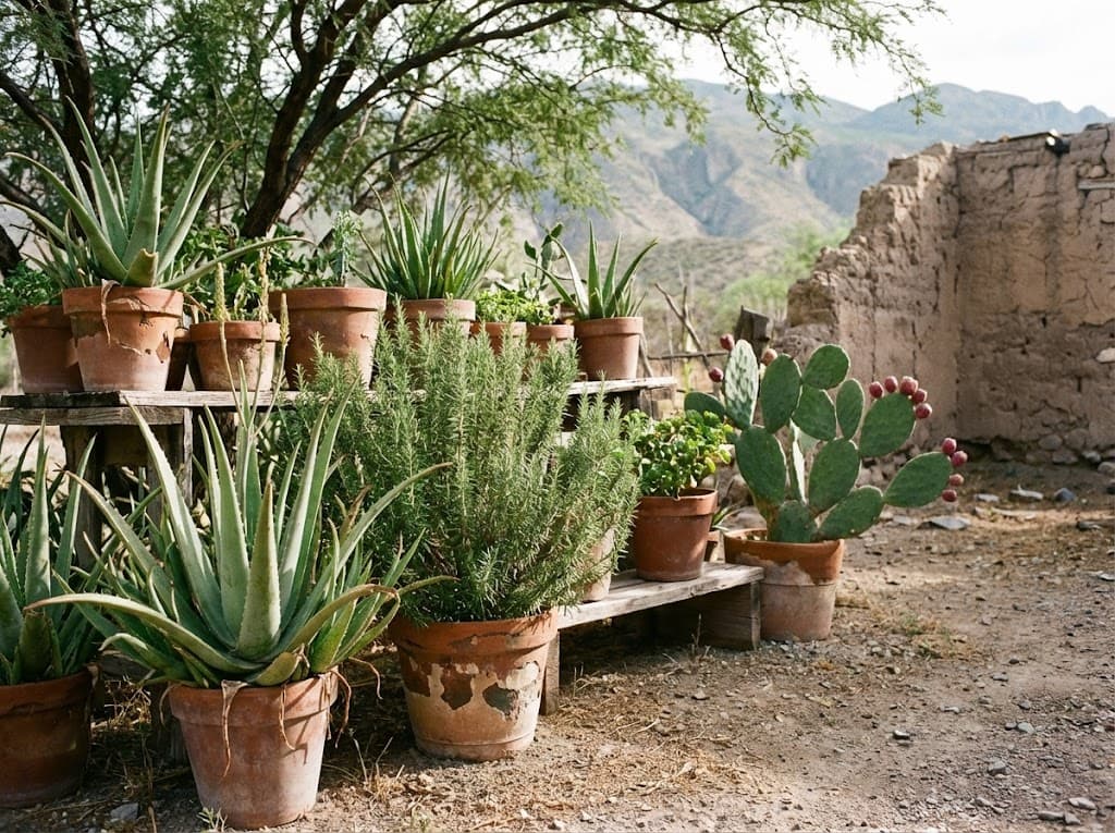 Plantas de sábila, romero y nopal en macetas de barro — ingredientes naturales mexicanos para el cuidado capilar