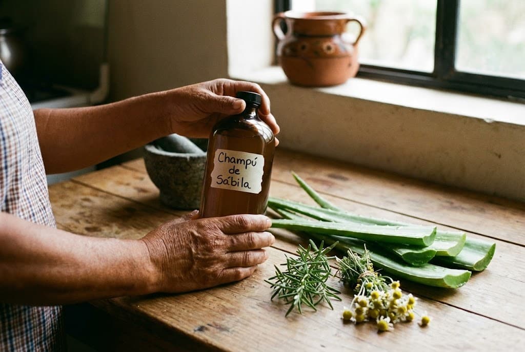 Champú artesanal de sábila con ingredientes naturales mexicanos — romero, manzanilla y aloe vera