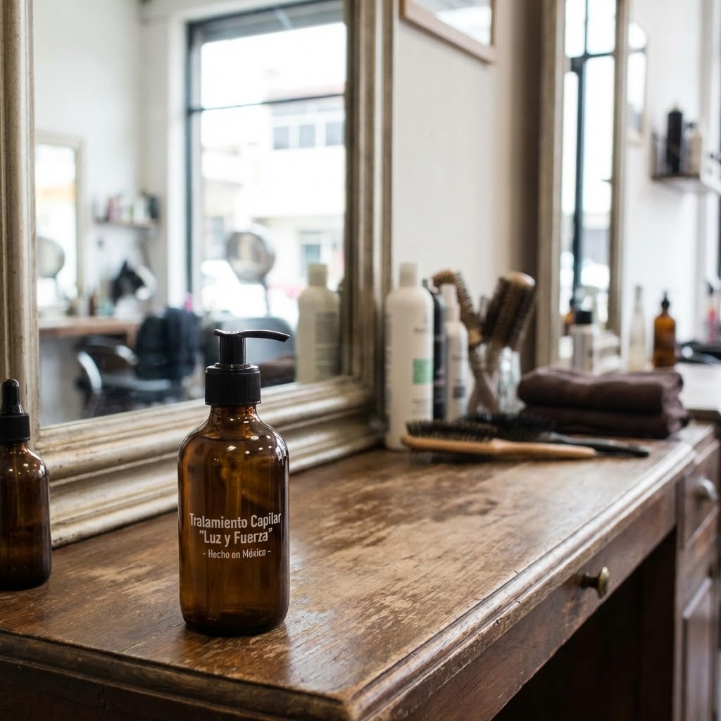 Tratamiento capilar profesional Luz y Fuerza hecho en México sobre tocador de salón de belleza
